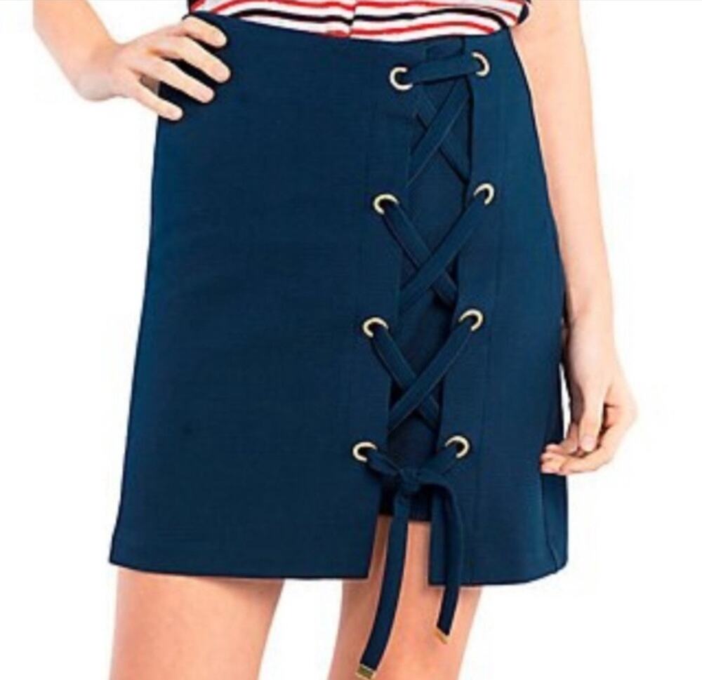 Kensie Women’s Navy Lace-Up Mini Skirt Gold Grommet Textured Back Zip XS